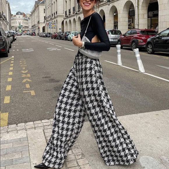 Houndstooth tweed high waisted wide leg pants - Picture 3 of 8